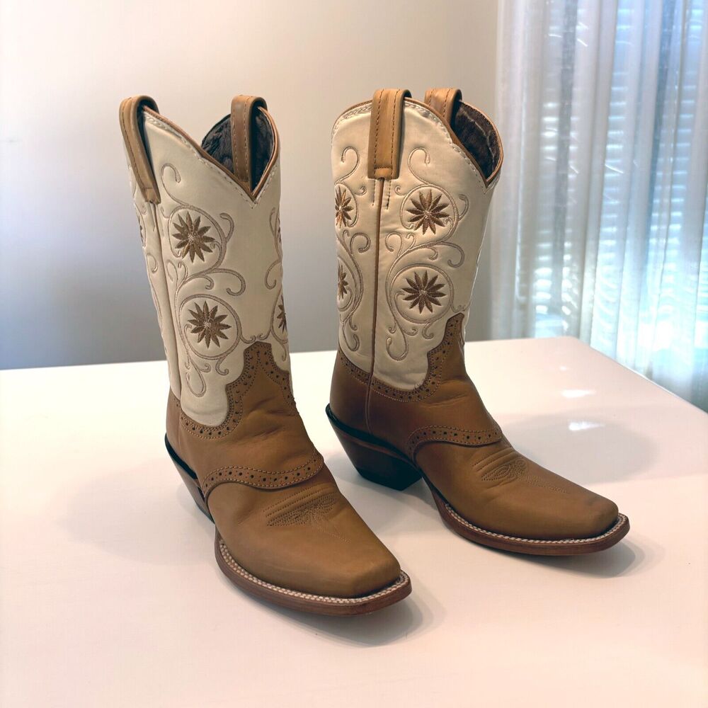 Vintage Caborca Women's Cream Tan Leather Floral Embroidered Cowboy Boots Size 7